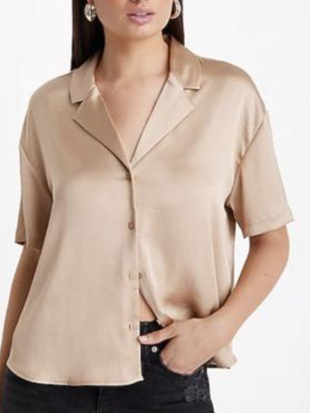 Express Satin Top Blouse Womens XL Champagne Tan Boxy Button Front Lightweight